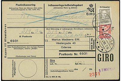 20 øre Fr. IX og 50 øre Chr. X på retur Indkasserings-Indbetalingskort annulleret Odense * d. 5.5.1949 til Vejle.