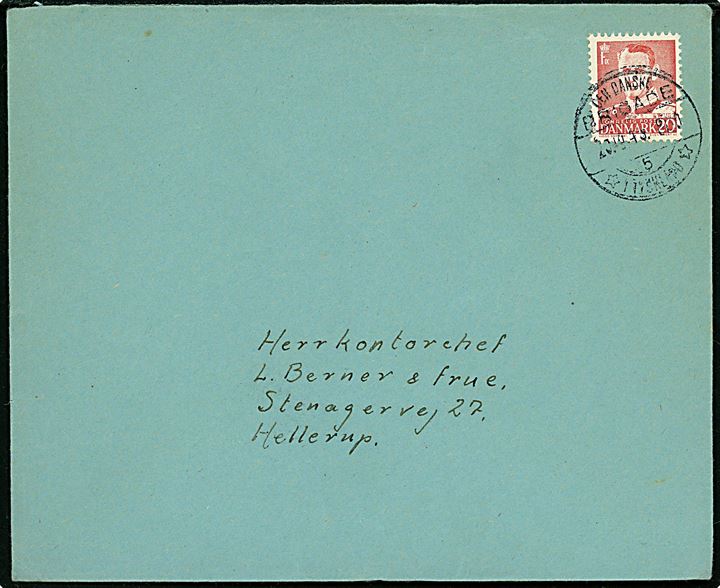 20 øre Fr. IX på brev annulleret Den danske brigade / 5 / * i Tyskland * d. 20.10.1948 til Hellerup. Sendt fra korporal ved ved IV Feldartilleri Regiment ved forlægningen i Wilhelmshaven. 
