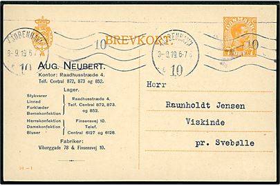 7 øre Chr. X helsagsbrevkort (fabr. 50-I) annulleret med båndmaskinstempel Kjøbenhavn 10 sn6 d. 3.9.1919 til Svebølle.