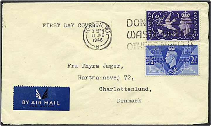 5½ pence på luftpost brev fra London, England, d. 11.6.1946 til Charlottenlund.