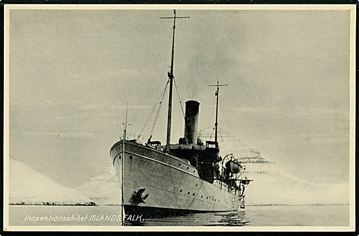 Islands Falk, inspektionsskib til ankers i færøsk fjord. V. Thanning & Appel serie I no. 85.