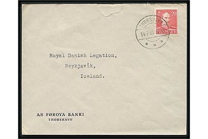20 øre Chr. X på brev fra Thorshavn d. 14.7.1945 til danske legation i Reykjavik, Island.