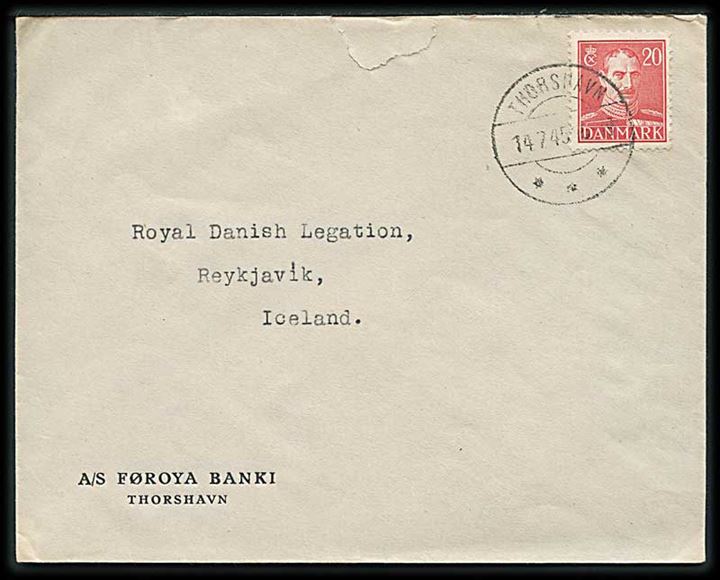 20 øre Chr. X på brev fra Thorshavn d. 14.7.1945 til danske legation i Reykjavik, Island.