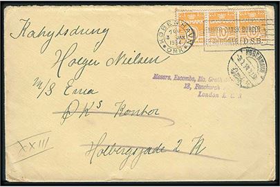 10 øre Bølgelinie (3) på brev fra København d. 3.1.1934 til sømand ombord på M/S Erria via rederiet ØK i København - eftersendt til London, England.