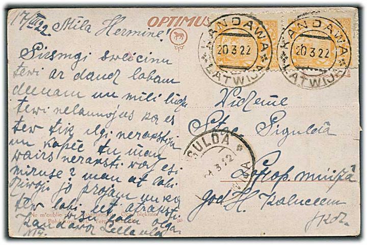 1 rub. i parstykke på brevkort fra Kandawa Latwija d. 20.3.1922.