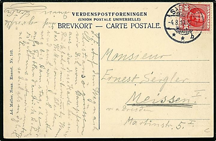 Frederiksø med Lilletårn. Ad. Møller no. 140. Skrevet på vej fra Christiansø med 10 øre Fr. VIII annulleret med tysk stempel i Sassnitz d. 4.8.1910 til Meissen, Tyskland.