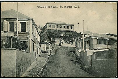 D.V.I., St. Thomas, Government House. Edw. Frass u/no. Frankeret med 5 bit Chr. IX fra St. Thomas d. 15.2.1907 til kasernen på St. Thomas.