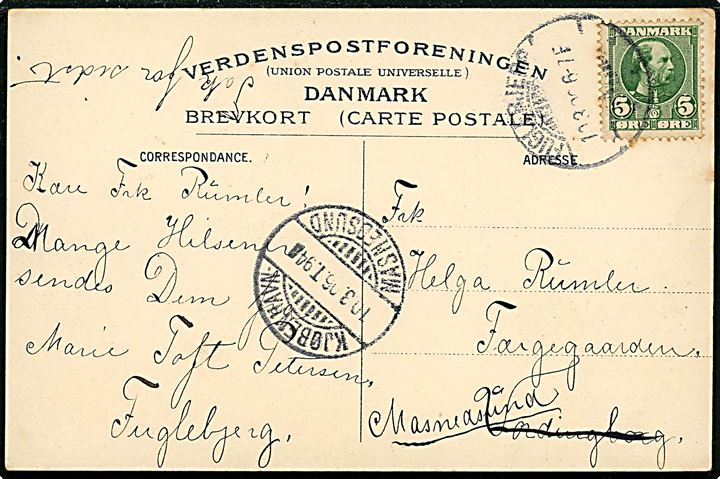 Fuglebjerg, kirken. P. C. Poulsen Skadhauge no. 997B. Frankeret med 5 øre Chr. IX fra Fuglebjerg d. 10.3.1906 til Færgegaarden i Vordingborg - eftersendt til Masnedsund med bureaustempel Kjøbenhavn - Masnedsund T.94 d. 10.3.1906.