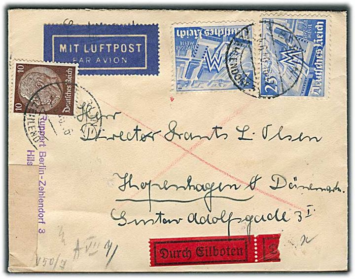 10 pfg. Hindenburg og 25 pfg. Leipzig Messe (2) på luftpost ekspresbrev fra Berlin d. 5.6.1940 til København, Danmark. Åbnet af tysk censur
