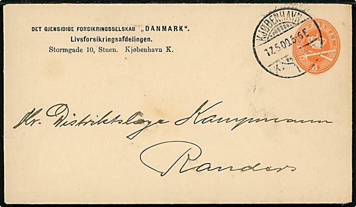 8 øre helsagskuvert fra Kjøbenhavn d. 17.5.1900 til Distriktslæge Kampmann i Randers.