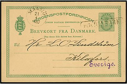 5 øre Våben helsagsbrevkort fra Carl Aller i København annulleret med skibsstempel Från Danmark og sidestemplet Malmö d. 21.4.1887 til Kildafors, Sverige.