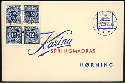 Ufrankeret svar-brevkort fra Rønne d. 26.10.1959 til Hørning. Sumarisk enkeltporto for flere forsendelser med 12 øre Portomærke i fireblok annulleret Hørning d. 28.10.1959.