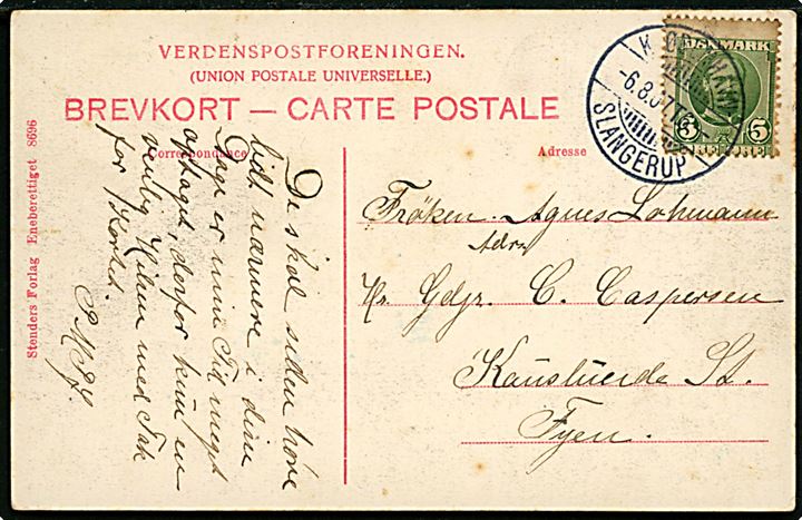 5 øre Fr. VIII på brevkort (Parti fra Vallerød) annulleret med bureaustempel Kjøbenhavn - Slangerup T.6 d. 6.8.1907 til Kauslunde St. på Fyn.