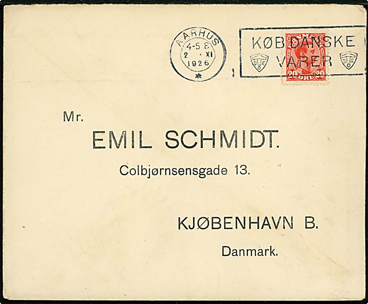 20 øre Chr. X på lokalbrev i København d. 2.11.1926.