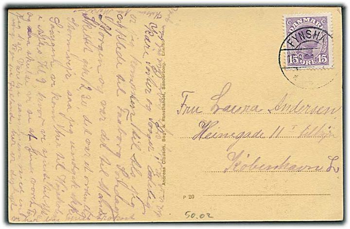15 øre Chr. X på brevkort annulleret med brotype IIb Fynshav d. 16.8.1921 til København.