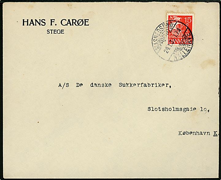 15 øre Karavel på brev fra Stege annulleret med bureaustempel Masnedsund - Kallehave T.7 d. 24.1.1930 til København.