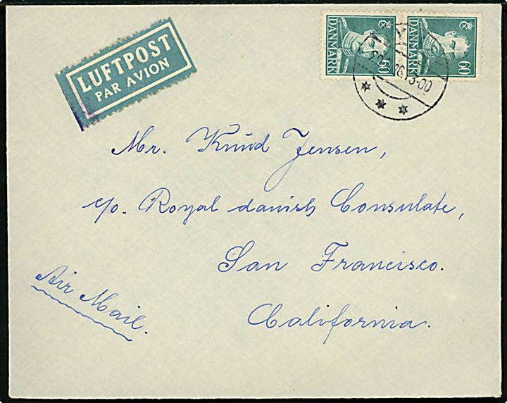 60 øre Chr. X i parstykke på luftpostbrev fra Lyngby d. 29.3.1946 til danske konsulat i San Francisco, USA.
