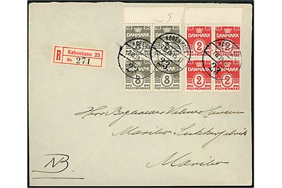 2 øre og 8 øre Bølgelinie i to fireblokke på anbefalet brev fra København 23 d. 7.10.1939 til Maribo.