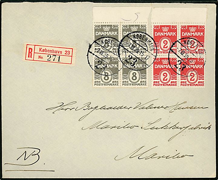 2 øre og 8 øre Bølgelinie i to fireblokke på anbefalet brev fra København 23 d. 7.10.1939 til Maribo.