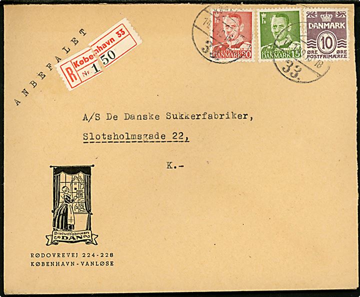 10 øre Bølgelinie, 15 øre og 20 øre Fr. IX på fortrykt kuvert fra Biscuitfabrikken Dan sendt som anbefalet lokalbrev i København 33 d. 14.1.1949.