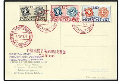 95 lire på postkort fra Torino, Italien, d. 5.10.1951.