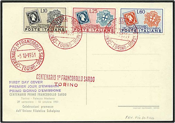 95 lire på postkort fra Torino, Italien, d. 5.10.1951.