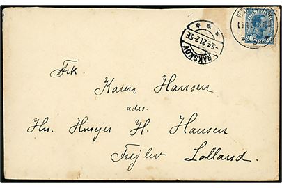 20 øre Chr. X på brev annulleret med brotype IIIb Vester-Karleby d. 5.4.1921 via Nakskov d. 5.4.1921 til Frejlev. Brotype stempel benyttet ca. 1½ år senere end registreret af Vagn Jensen.