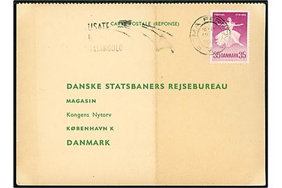 35 øre Balletfestival på internationalt svarbrevkort annulleret med italiensk stempel i Rom d. 13.3.1961 til DSB's Rejsebureau i København. Lodret fold.