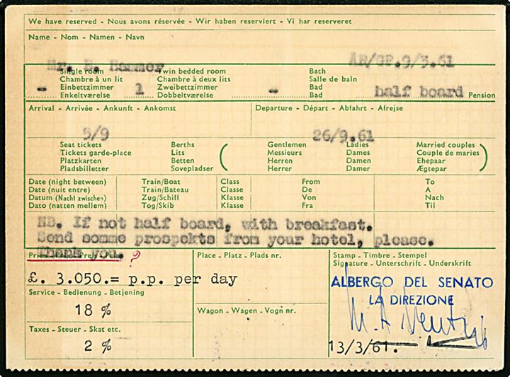 35 øre Balletfestival på internationalt svarbrevkort annulleret med italiensk stempel i Rom d. 13.3.1961 til DSB's Rejsebureau i København. Lodret fold.