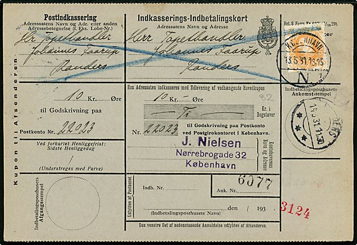 30 øre Chr. X 60 år single på retur Indkasserings-Indbetalingskort fra København d. 13.5.1931 til Randers.