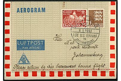25 øre Frimærkejubilæum og 1 kr. Rigsvåben på SAS 1.-flyvnings-aerogram annulleret med særstempel København Lufthavn 1ste SAS flyvning til Johannesburg d. 8.1.1953.