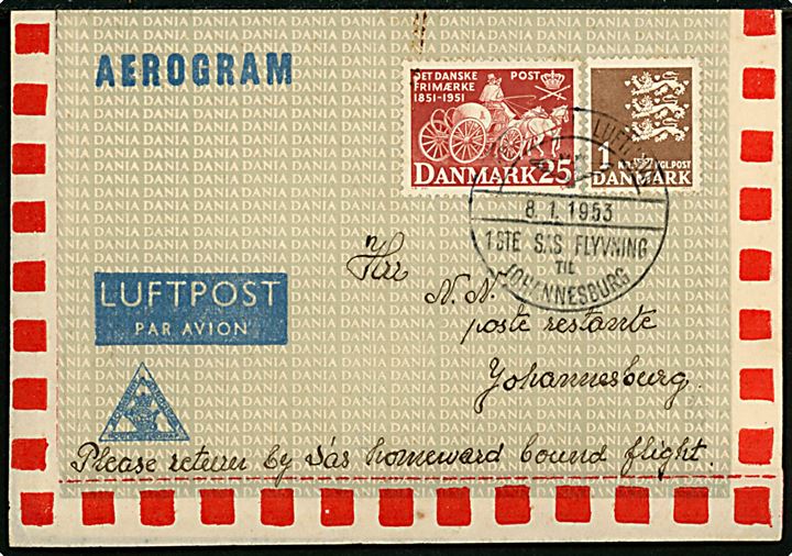 25 øre Frimærkejubilæum og 1 kr. Rigsvåben på SAS 1.-flyvnings-aerogram annulleret med særstempel København Lufthavn 1ste SAS flyvning til Johannesburg d. 8.1.1953.