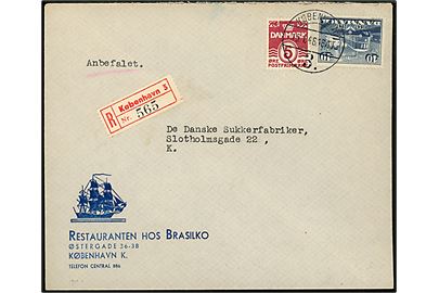 5 øre Bølgelinie og 40 øre DSB Jubilæum på illustreret firmakuvert fra Restauranten Hos Brasilko sendt som anbefalet lokalbrev fra København 3 d. 15.1.1948.
