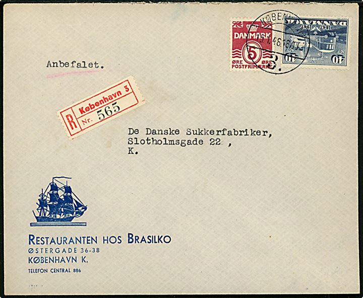 5 øre Bølgelinie og 40 øre DSB Jubilæum på illustreret firmakuvert fra Restauranten Hos Brasilko sendt som anbefalet lokalbrev fra København 3 d. 15.1.1948.