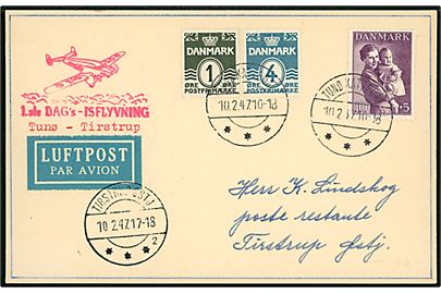 1 øre, 4 øre Bølgelinie og 10+5 øre Børneforsorg på filatelistisk is-luftpost brevkort annulleret med brotype IIv Tunø Kattegat d. 10.2.1947 til Tirstrup Østj. 
