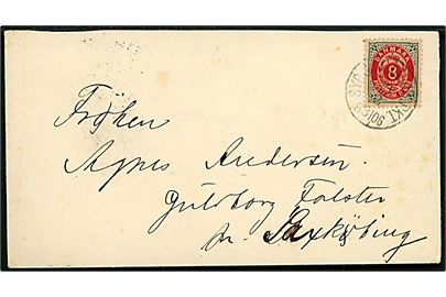 8 øre Tofarvet på brev annulleret med lapidar bureaustempel Sydsjæll. JB.PKT. d. 24.2.1897 til Guldborg Falster pr. Saxkjøbing.