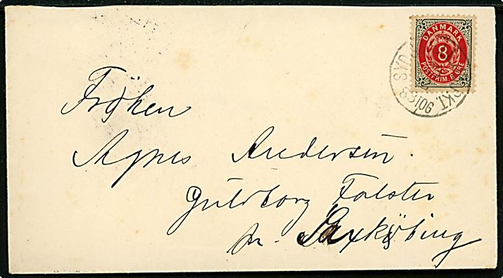 8 øre Tofarvet på brev annulleret med lapidar bureaustempel Sydsjæll. JB.PKT. d. 24.2.1897 til Guldborg Falster pr. Saxkjøbing.