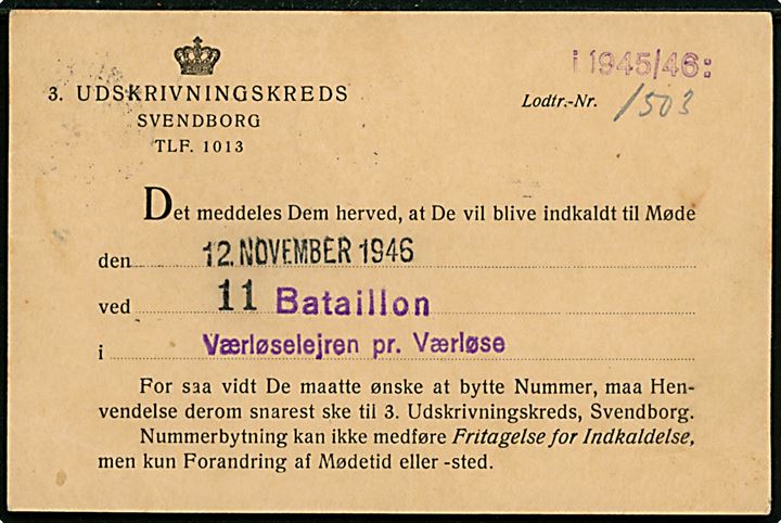 6 øre Bølgelinie på tryksag fra 3. Udskrivningskreds i Svendborg d. 4.9.1946 til Kirkeby. Meddelelse om møde ved 11. Bataillon i Værløselejren pr. Værløse.