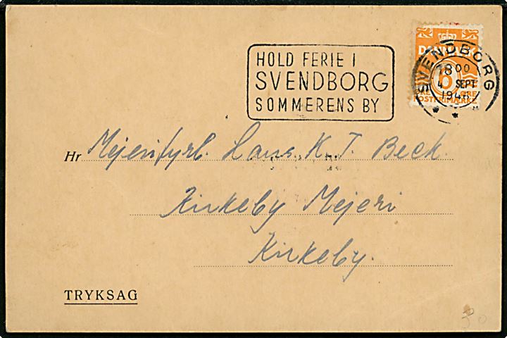 6 øre Bølgelinie på tryksag fra 3. Udskrivningskreds i Svendborg d. 4.9.1946 til Kirkeby. Meddelelse om møde ved 11. Bataillon i Værløselejren pr. Værløse.