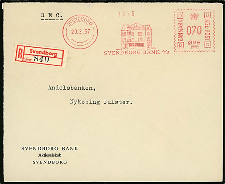 70 øre firmafranko fra Svendborg Bank A/S på anbefalet brev fra Svendborg d. 20.2.1957 til Nykøbing Fl.