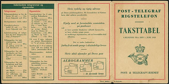 Taksttabel - formular A.39 (4-50) - gældende fra 1. Juni 1950.