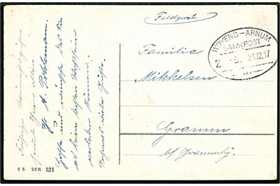 Ufrankeret feltpostkort med ovalt bureaustempel Woyens - Arnum Bahnpost Zug 45 d. 24.12.1917 til Gramm b/Grammby. 