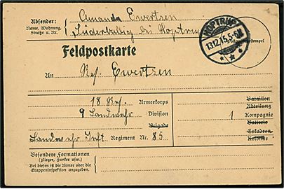 Ufrankeret fortrykt feltpostkort fra Süderballing stemplet Hoptrup d. 13.12.1915 til sønderjysk soldat i Landwehr Inf. Regiment 85.