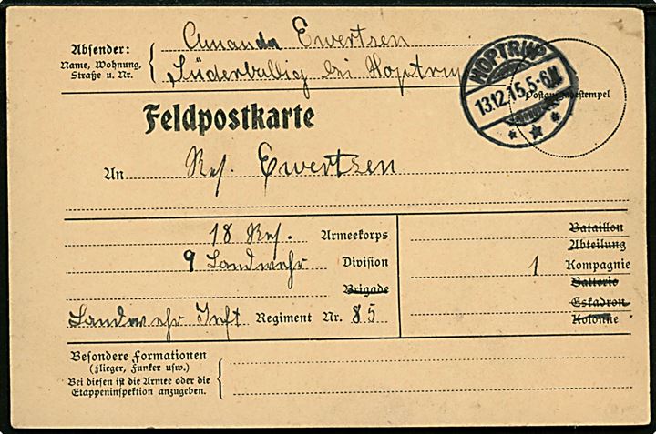 Ufrankeret fortrykt feltpostkort fra Süderballing stemplet Hoptrup d. 13.12.1915 til sønderjysk soldat i Landwehr Inf. Regiment 85.