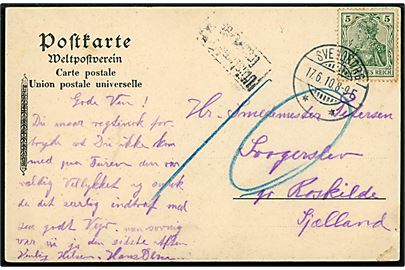 5 pfg. Germania på brevkort (Dybbøl mølle) annulleret med dansk stempel i Svendborg d. 17.6.1910 og sidestemplet Utilstrækkelig frankeret til Svogerslev pr. Roskilde. Udtakseret i 10 øre porto.