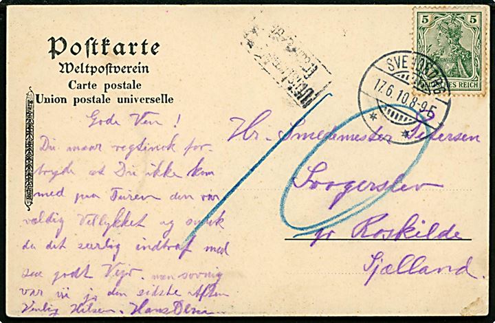 5 pfg. Germania på brevkort (Dybbøl mølle) annulleret med dansk stempel i Svendborg d. 17.6.1910 og sidestemplet Utilstrækkelig frankeret til Svogerslev pr. Roskilde. Udtakseret i 10 øre porto.