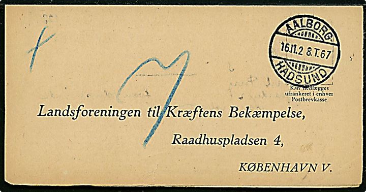 Ufrankeret svar-tryksag fra Kongerslev med bureaustempel Aalborg - Hadsund T.67 d. 16.11.1928 til Landsforeningen til Kræftens Bekæmpelse i København. Udtakseret i 7 øre enkeltporto.