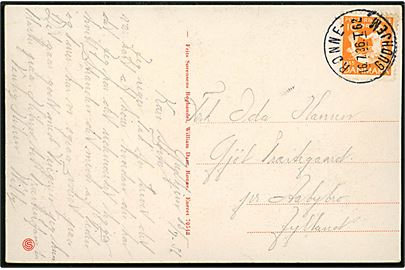 10 øre H. C. Andersen på brevkort fra Gudhjem annulleret med bureaustempel Rønne - Gudhjem T.62 d. 16.7.1936 til Gjøl Præstegaard pr. Aabybro.