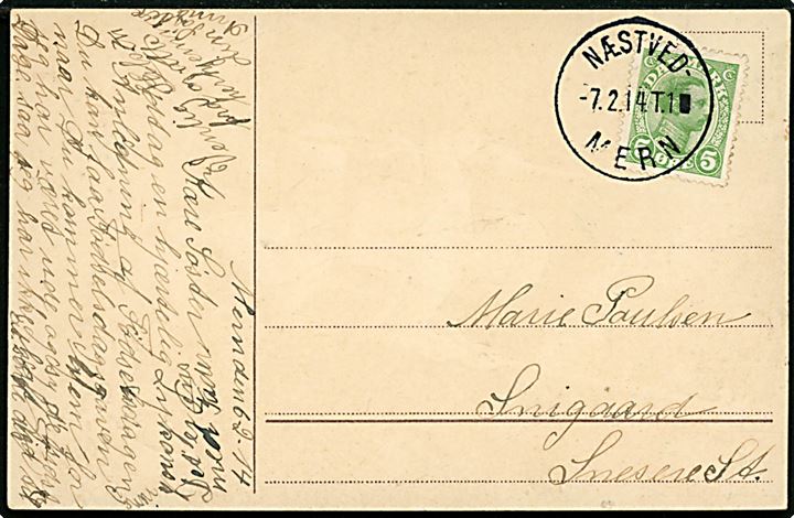 5 øre Chr. X på brevkort fra Mern annulleret med bureaustempel Næstved - Mern T.1 d. 7.2.1914 til Snesene St.