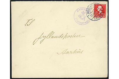 15 øre H. C. Andersen på brev annulleret med bureaustempel Fredericia - Aalborg T.26 d. 19.1.1936 og sidestemplet med violet posthornstempel Østerbølle (Aalestrup) til Jyllandsposten i Aarhus.
